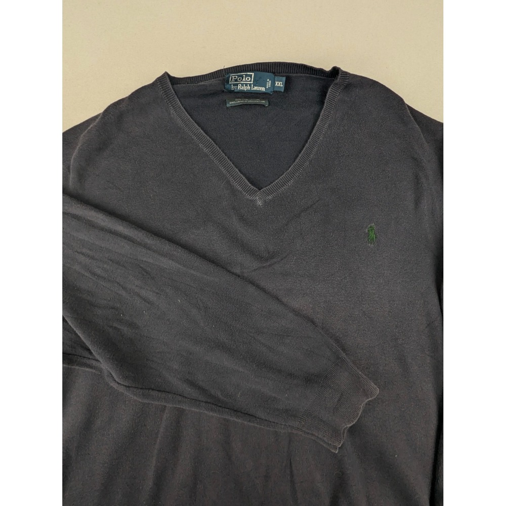 Polo Ralph Lauren Mens XXL Navy Blue Pima Cotton V-Neck Sweater Green Pony Logo - Picture 3 of 11